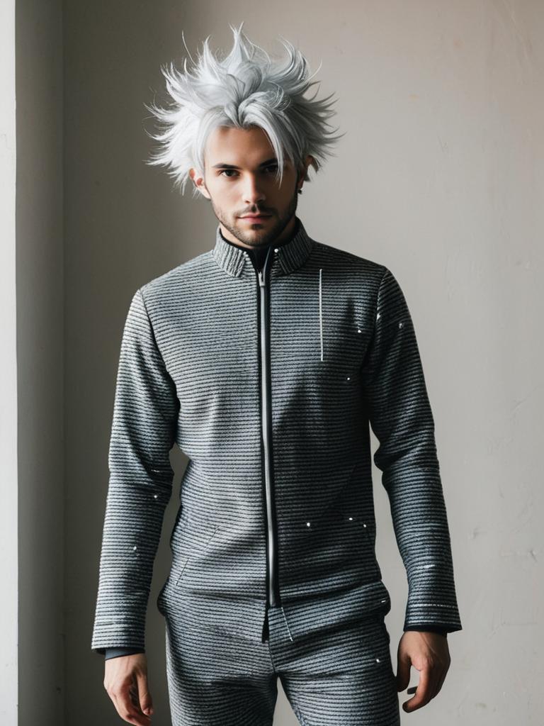 Man in Realistic Static-Themed Cosplay Costume with Spiky White Hair