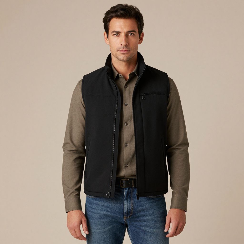 Man Wearing Black Vest and Olive Shirt with Blue Jeans