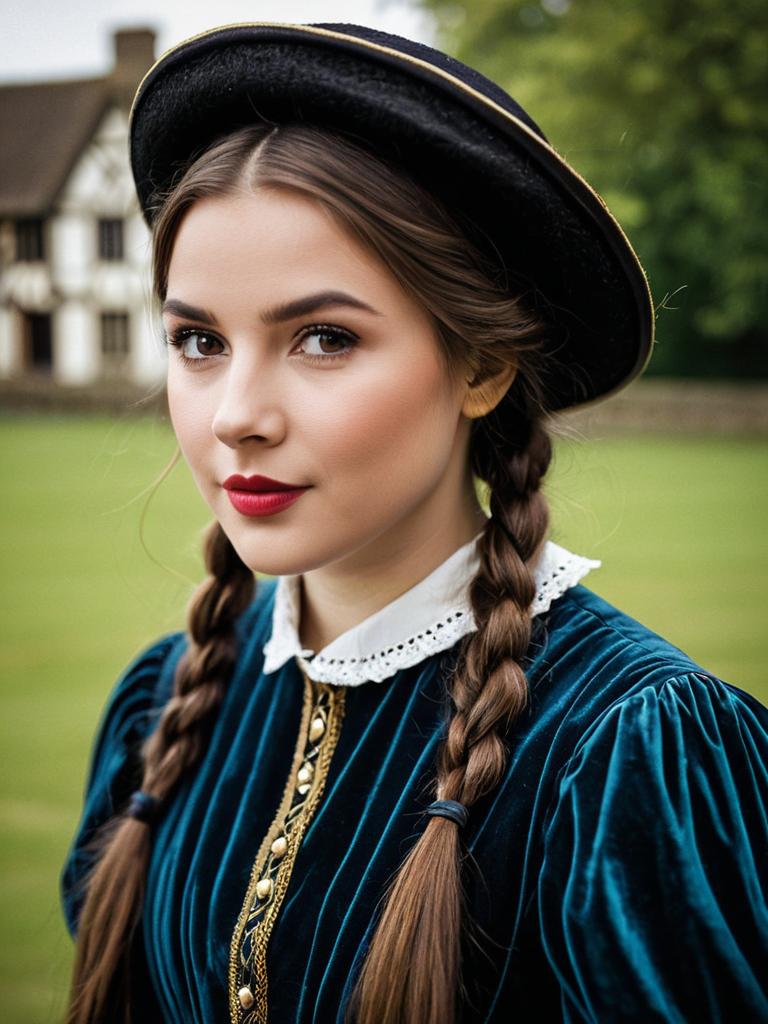 Young Woman in Tudor Fancy Dress Costume with Hat and Twin Braids
