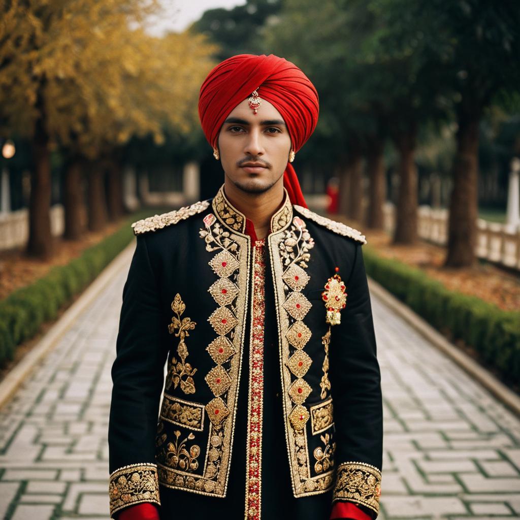 Elegant Young Man in Black Sherwani with Red Turban in Autumn