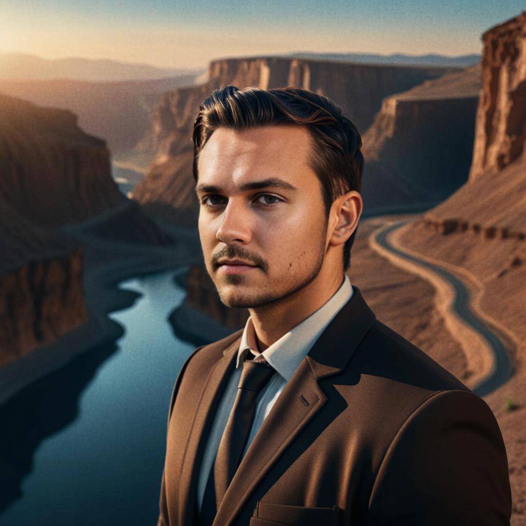 Confident man in tailored suit against canyon backdrop at sunset