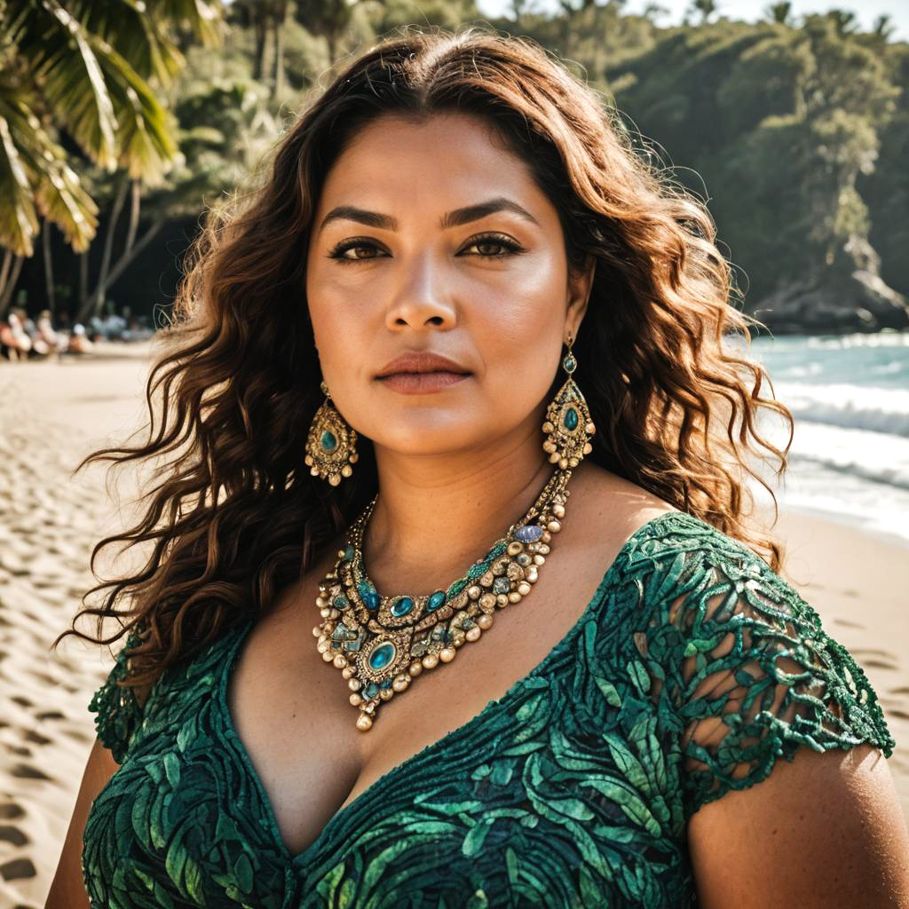 Elegant Woman in Emerald Dress at Beach