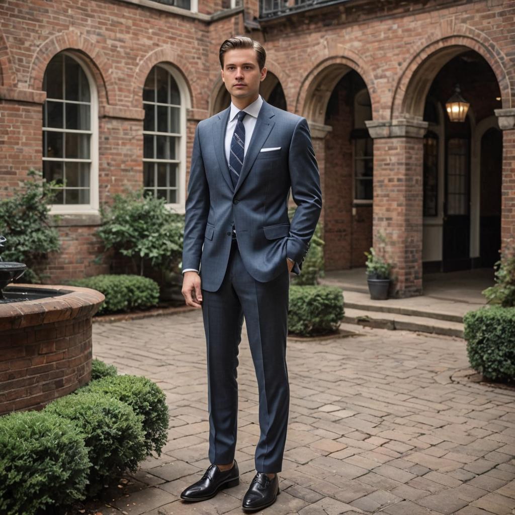 Stylish Man in Blue Suit in Courtyard