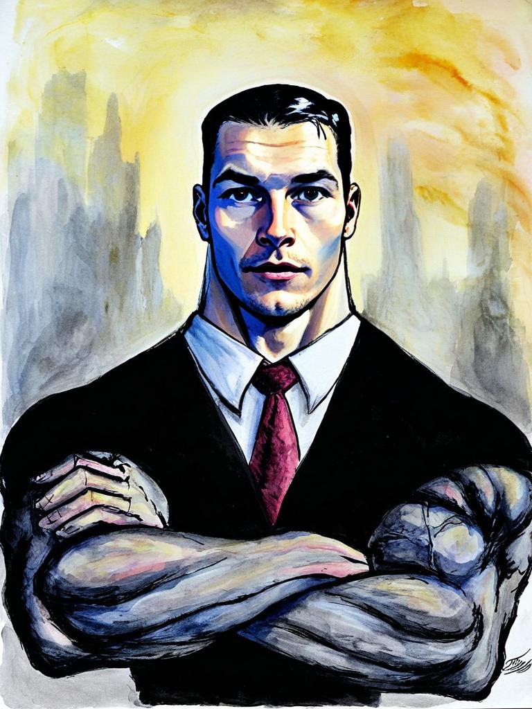 Confident Man in Black Suit with Intense Gaze Confident Man in Black Suit with Intense Gaze