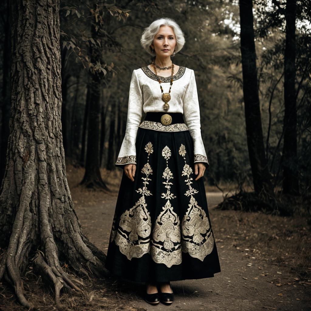 Elegant Older Woman in Traditional Embroidered Dress Standing in Forest