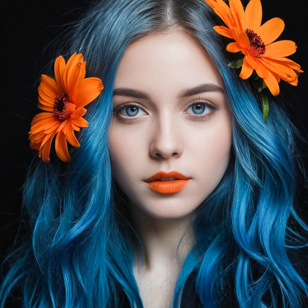 Young Woman with Blue Hair and Orange Flowers