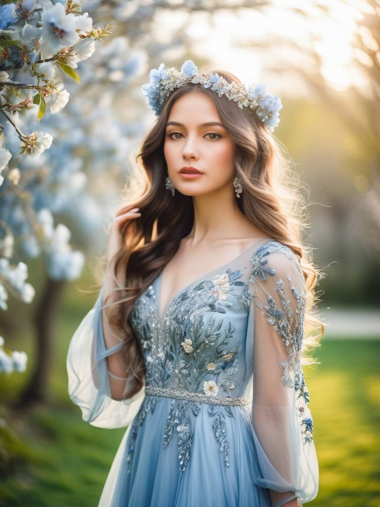 Young Woman in Light Blue Gown Among Blooming Flowers
