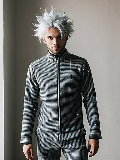 Man in Realistic Static-Themed Cosplay Costume with Spiky White Hair