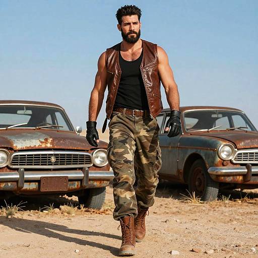 Rugged Man in Leather Vest and Camouflage Pants Walking in Desert with Rusty Vintage Cars