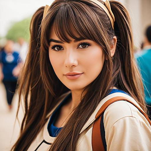 Portrait of Young Woman with Tan Headband and Twin Ponytails