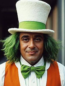 Man in Vivid Oompa Loompa Costume with Green Hair and White Top Hat