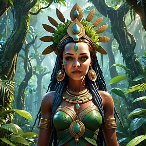 Woman in Tribal Jewelry in Lush Jungle