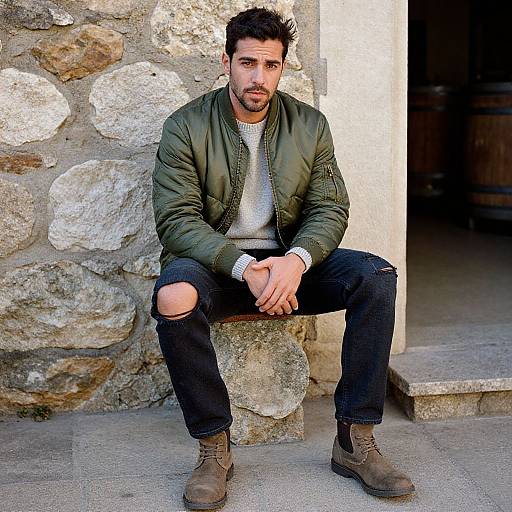 Casual Urban Style Man Sitting by Stone Wall in Green Bomber Jacket