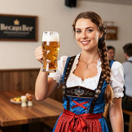 German Woman in Traditional Bavarian Dirndl Holding Beer in Beer Garden