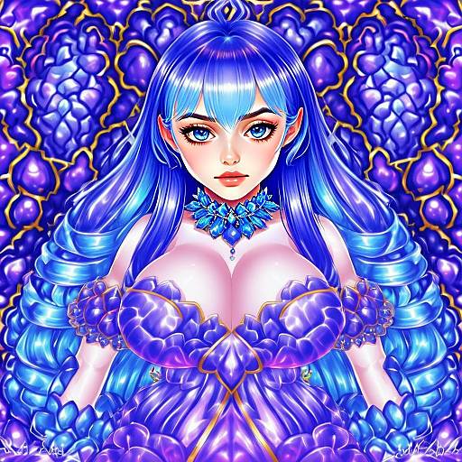 Anime Woman with Blue Hair in Ornate Purple Dress Digital Artwork
