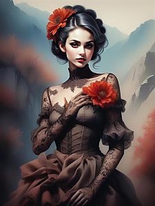 Elegant Woman in Vintage Lace Gown with Red Flowers