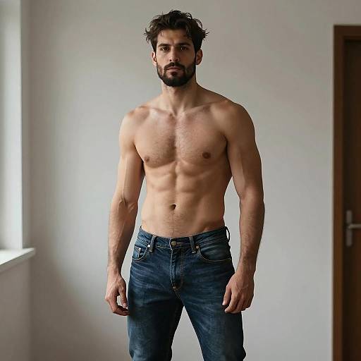 Shirtless Fit Man with Beard Wearing Blue Jeans Indoor Portrait