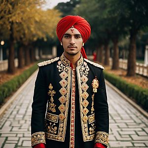 Elegant Young Man in Black Sherwani with Red Turban in Autumn