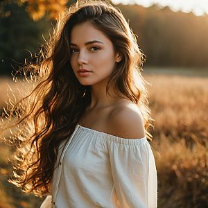 Young Woman in Off-the-Shoulder Blouse at Golden Hour