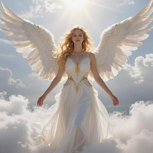 Elegant Woman Angel with Large White Wings in Heavenly Clouds