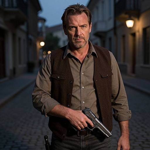 Man Holding Gun in Dimly Lit Street at Dusk