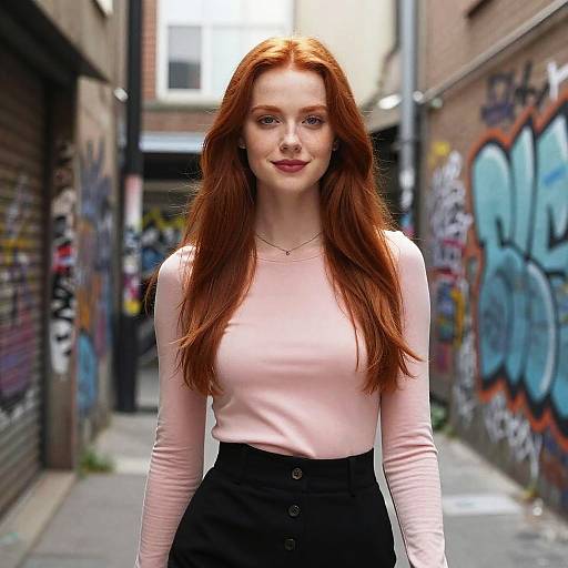 Red-Haired Woman in Urban Alleyway with Graffiti Background