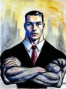 Confident Man in Black Suit with Intense Gaze