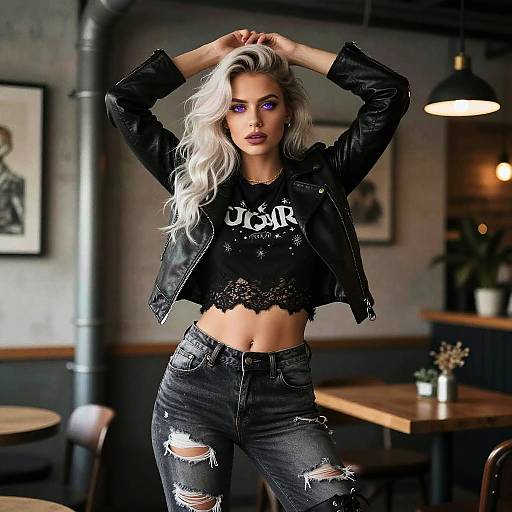 Edgy Gen Z Woman in Leather Jacket and Ripped Jeans with Purple Eyes