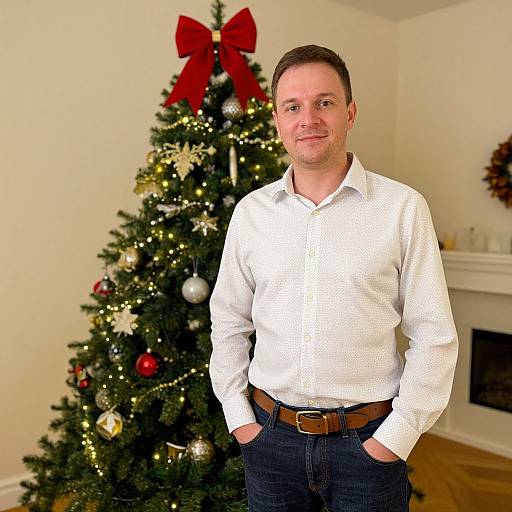 Casual Man Standing by Decorated Christmas Tree in Cozy Holiday Setting