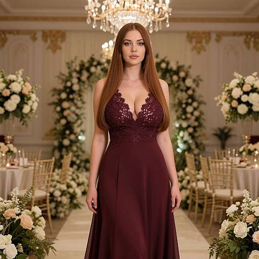 Elegant Woman in Deep Burgundy Lace Evening Gown at Luxurious Ballroom