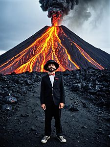 Man in Fancy Dress Costume Standing Before Erupting Volcano