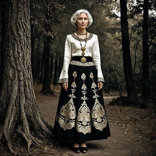 Elegant Older Woman in Traditional Embroidered Dress Standing in Forest