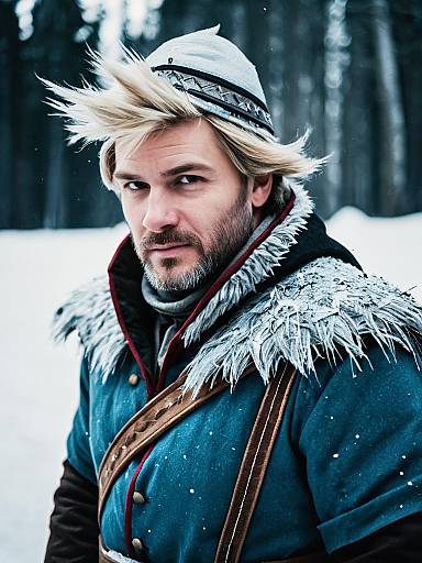 Man Dressed as Kristoff from Frozen in Snowy Outdoor Cosplay Portrait