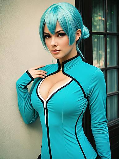 Sexy Aqua Cosplay Woman in Detailed Costume with Blue Hair