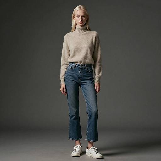 Casual Gen Z Fashion Woman in Turtleneck Sweater and Jeans