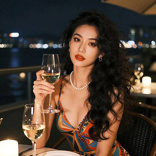 Glamorous Woman Enjoying White Wine at Night Outdoor Dinner