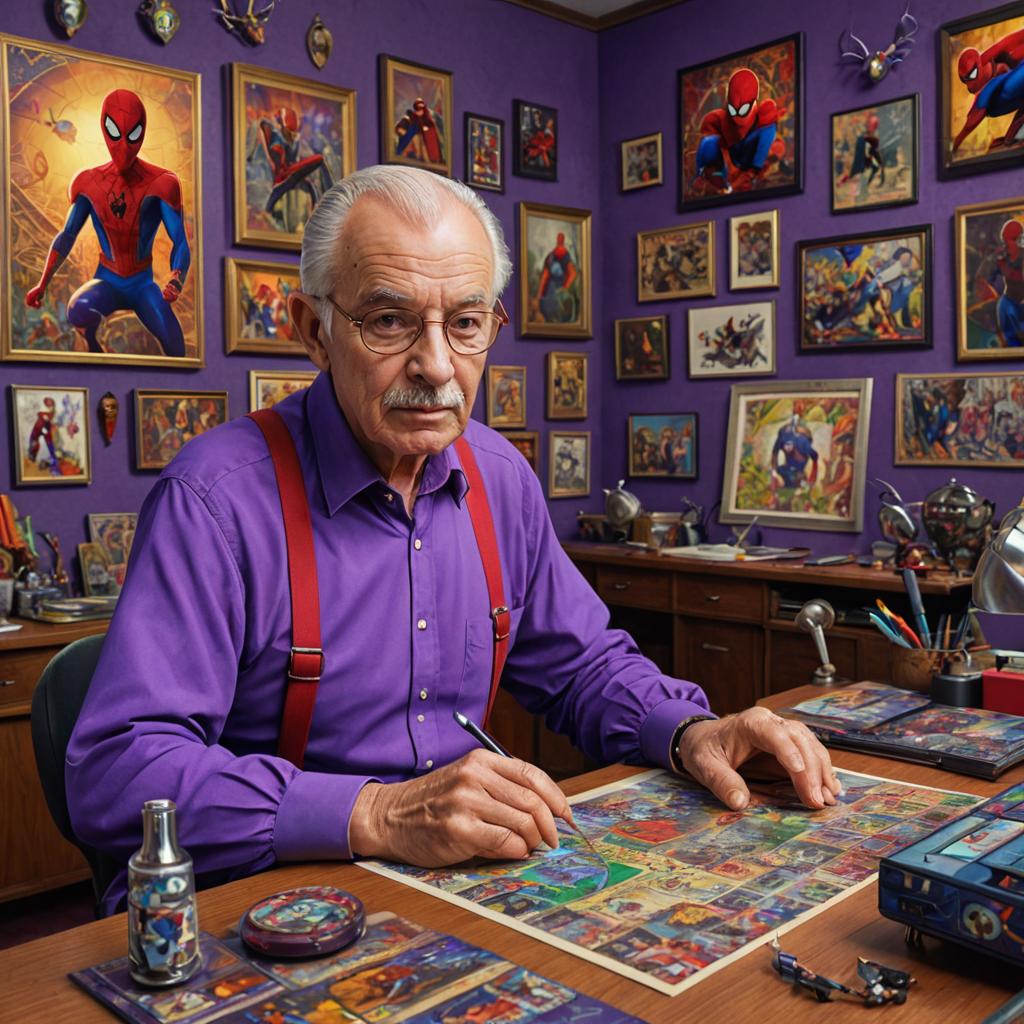 Elderly Man in Purple Shirt and Red Suspenders Creating Art Surrounded by Spider-Man Memorabilia