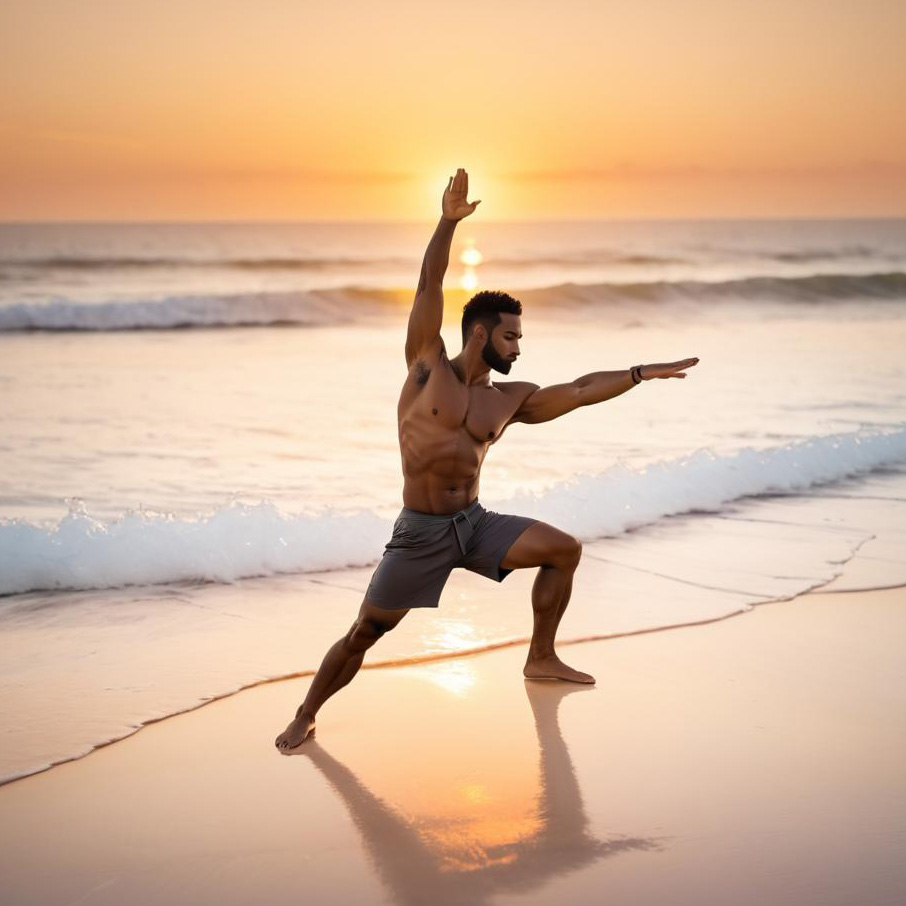 Fit Man Yoga Pose on Beach at Sunset