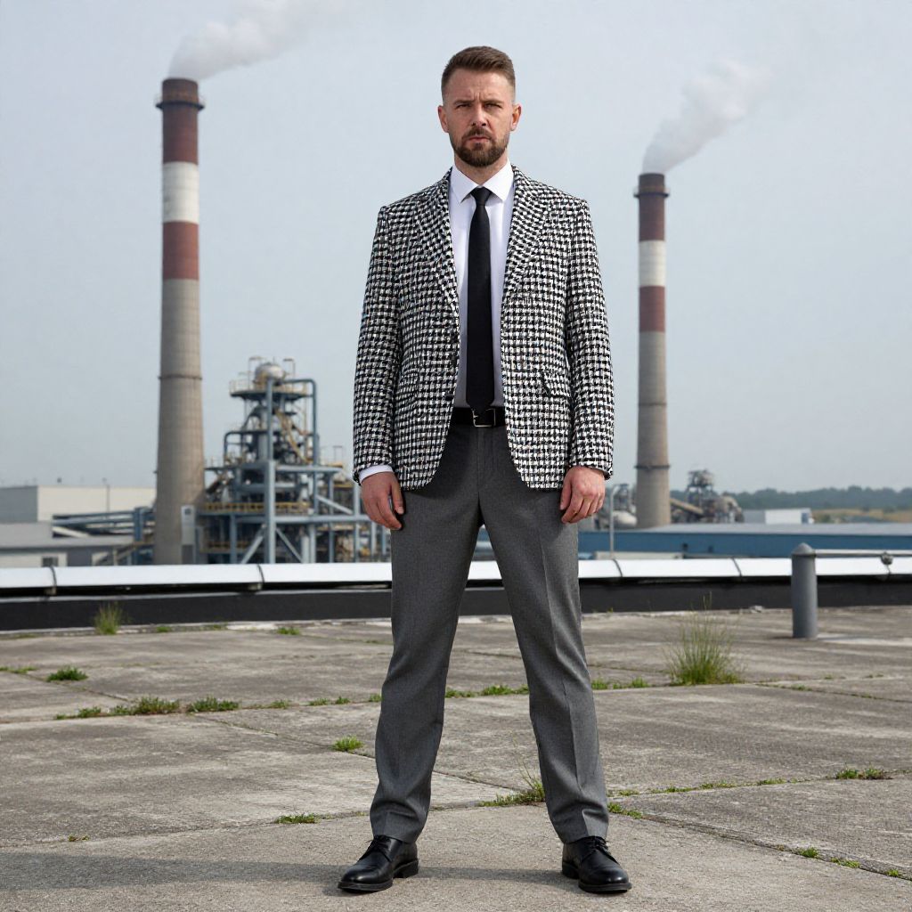 Man in Stylish Houndstooth Blazer Standing on Industrial Rooftop with Smokestacks