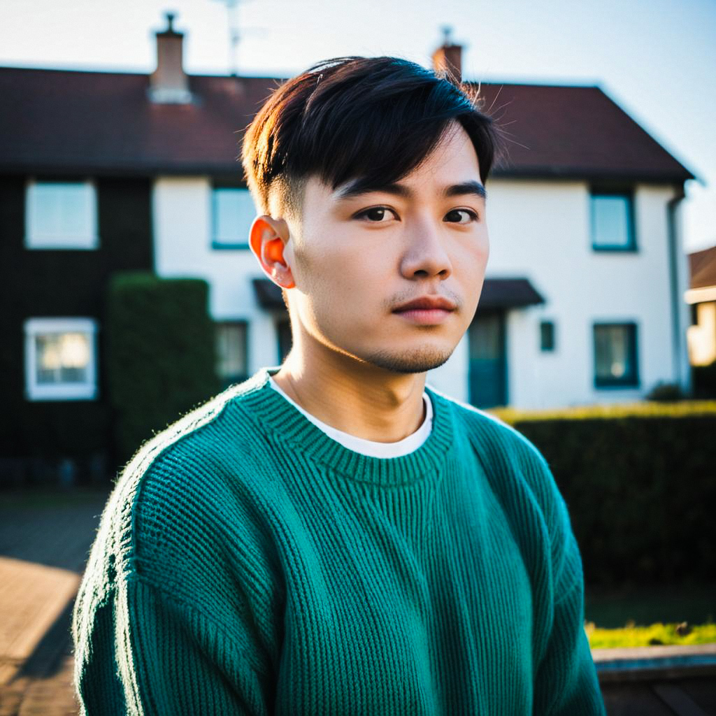 Young Man in Green Sweater Outdoors