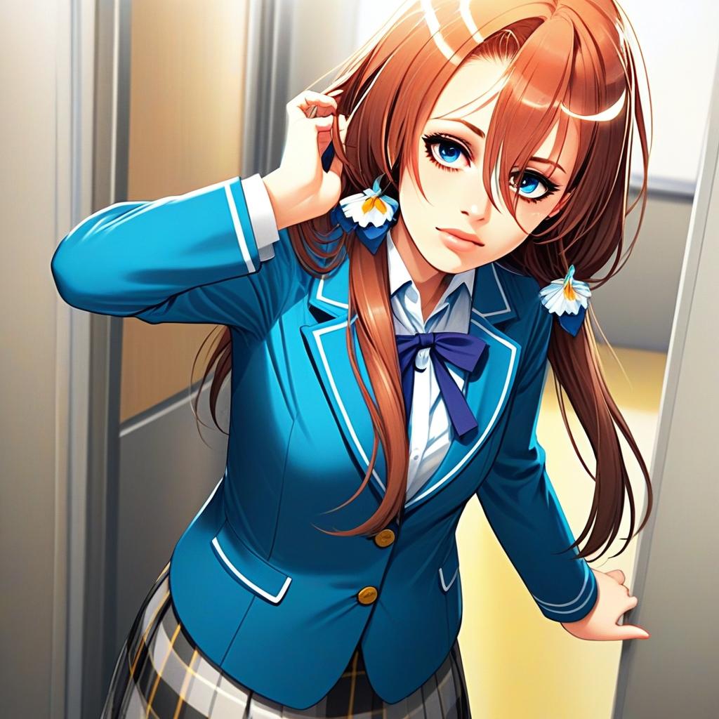 Anime Girl in Blue School Uniform with Floral Hair Accessories