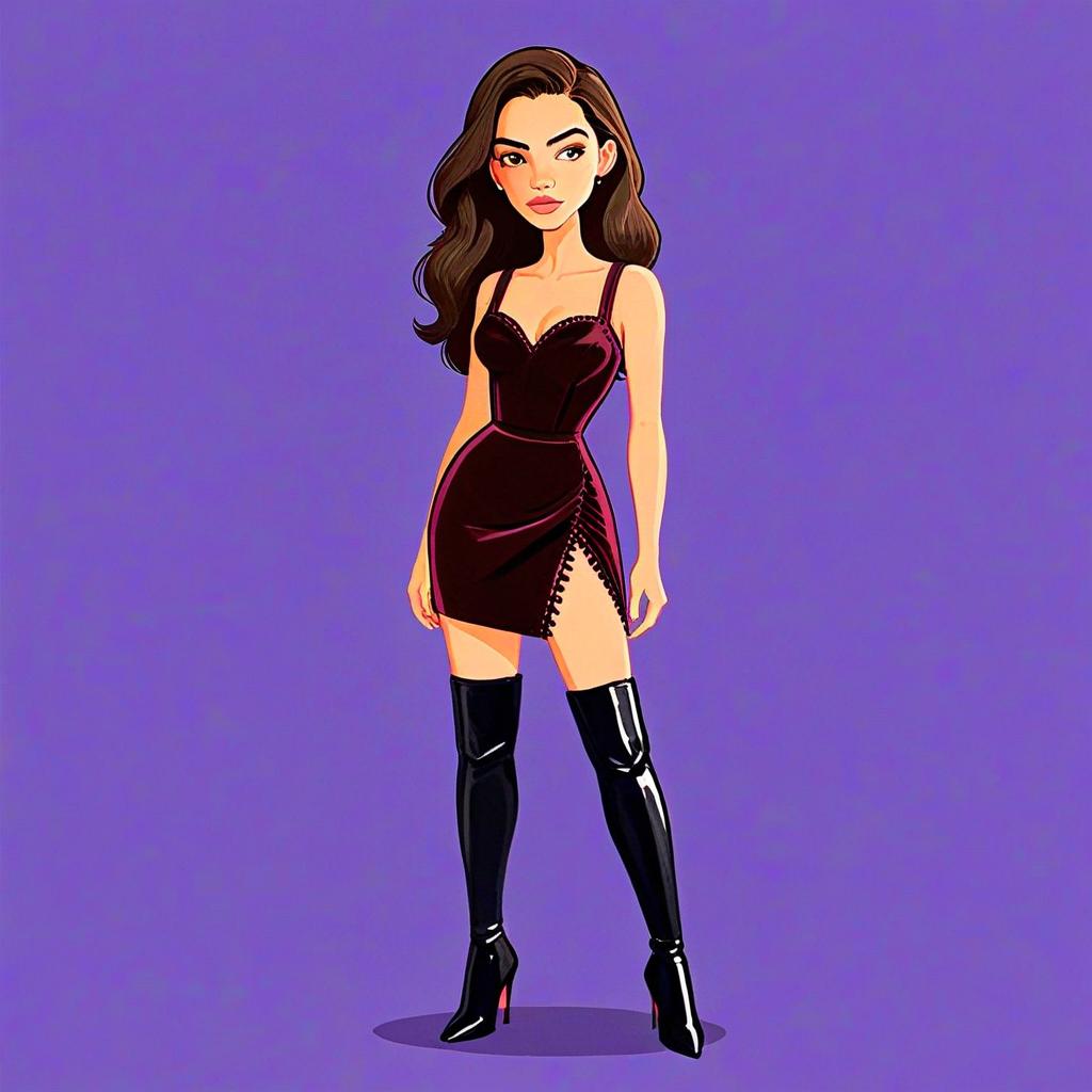 Stylish Woman in Dark Purple Dress with Thigh High Black Leather Boots Cartoon Illustration