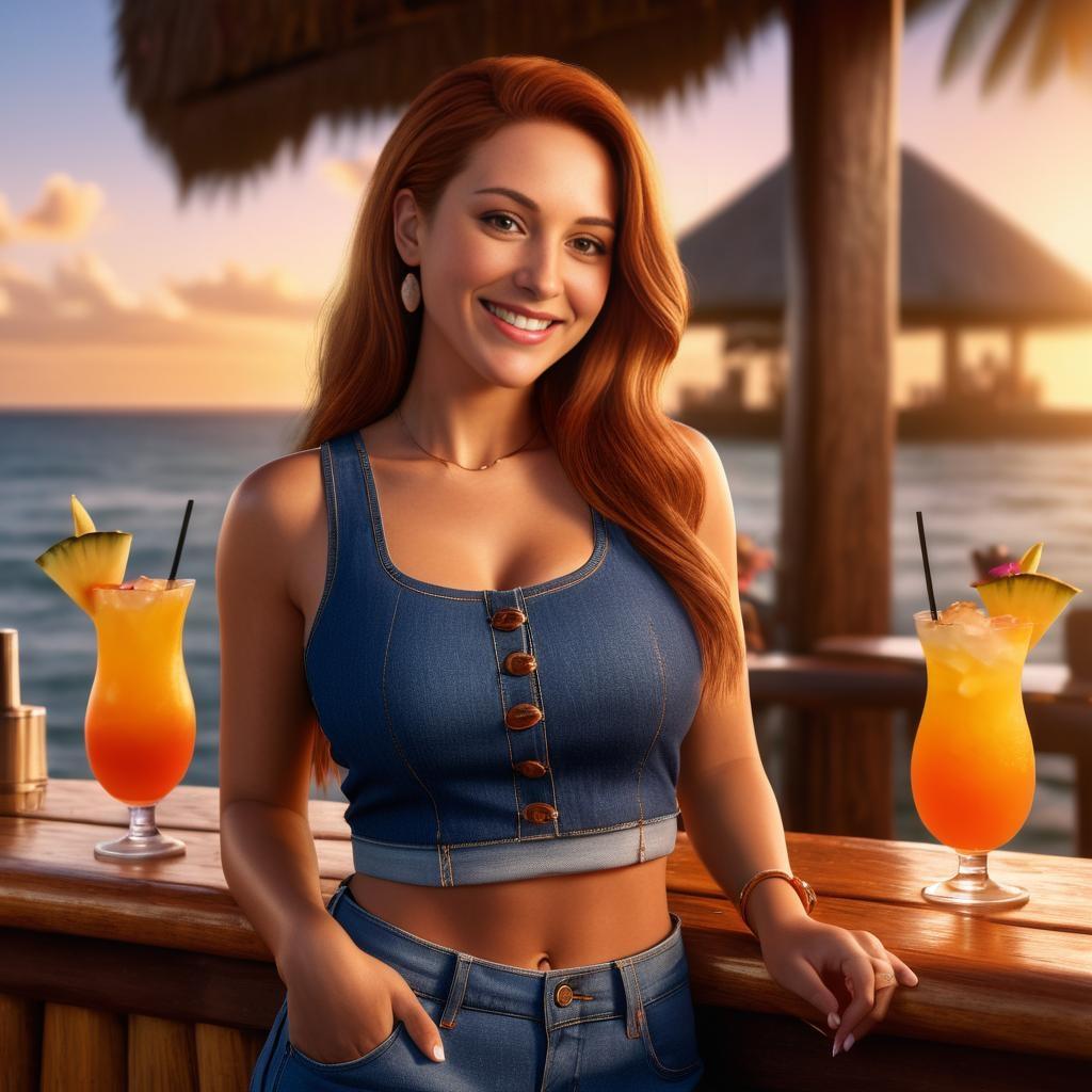 Smiling Woman at Tropical Beach Bar at Sunset Smiling Woman at Tropical Beach Bar at Sunset