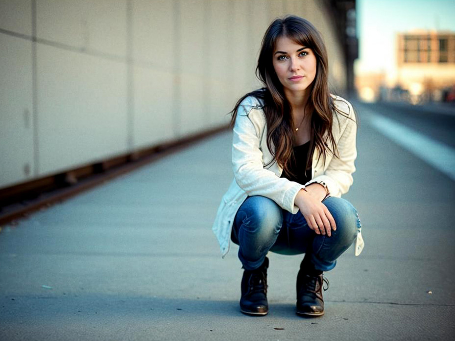 Young woman in stylish casual outfit on concrete surface