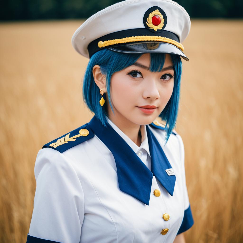 Woman in Blue-Haired Naval Uniform Standing in Wheat Field