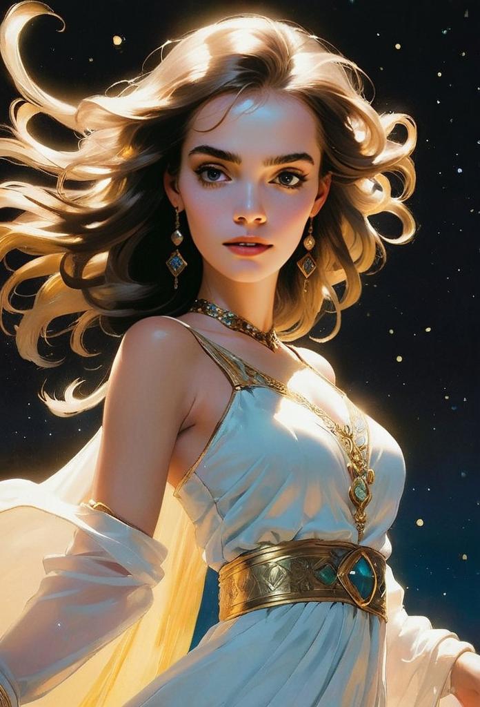 Fantasy Portrait of a Woman in Elegant White Gown with Gold Accents
