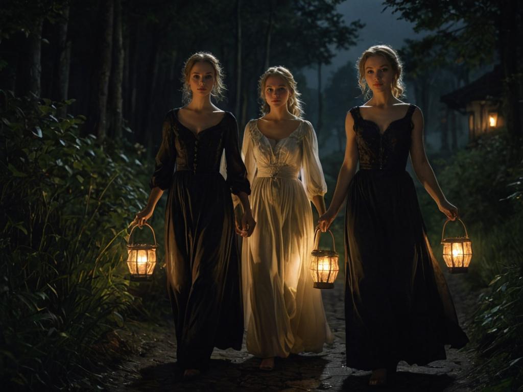 Three Women in Vintage Attire Walking in Candlelit Forest