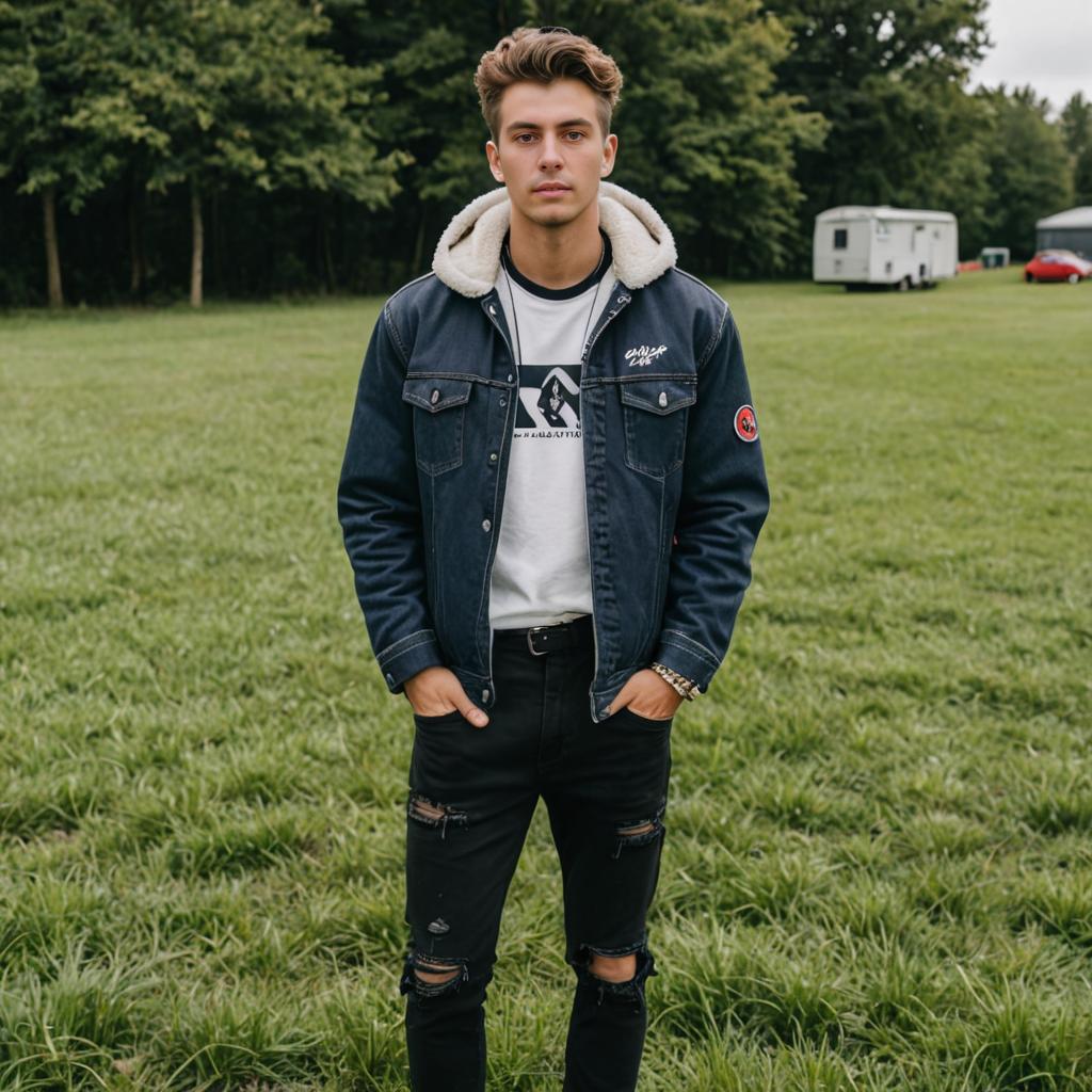 Man in Denim Jacket in Green Field