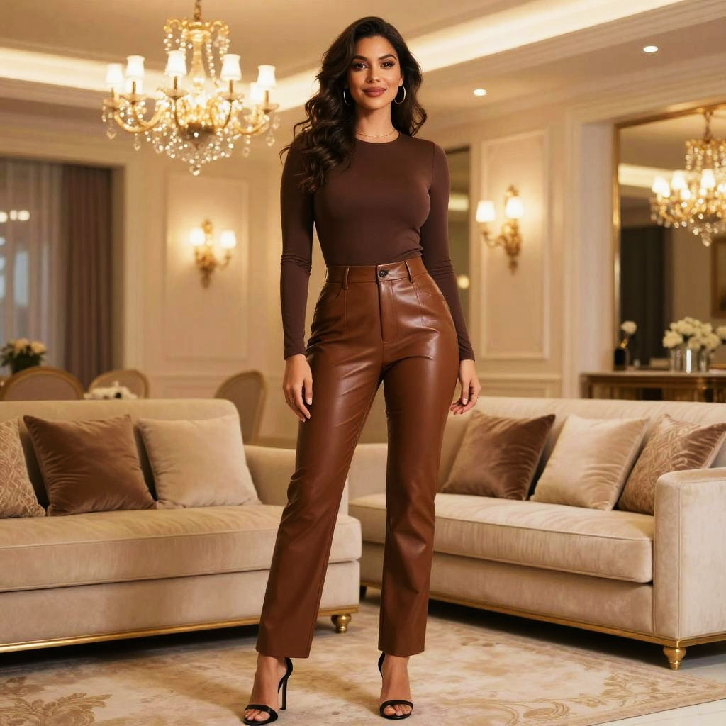 Chic Woman in Brown Leather Pants and Top in Elegant Living Room