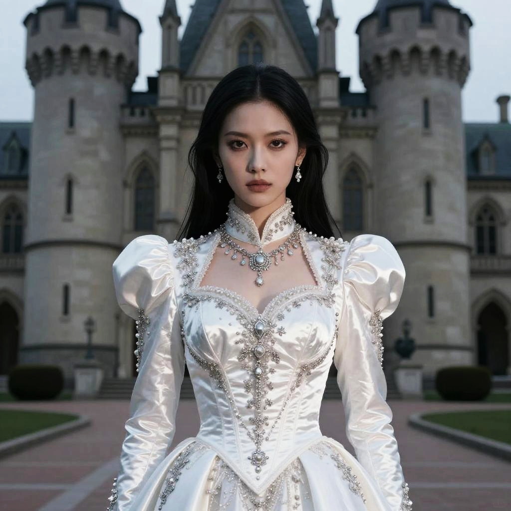 Elegant Woman in Victorian Style White Satin Gown in Front of Castle